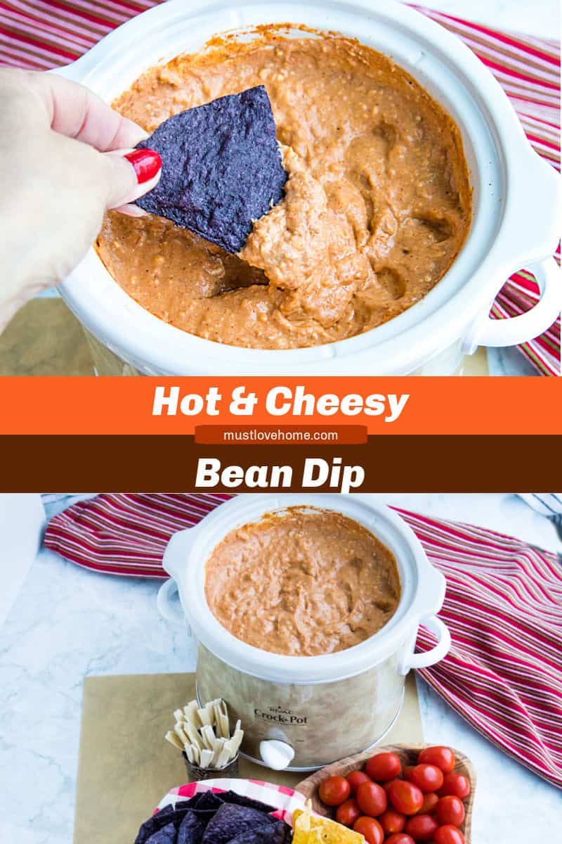 Creamy hot bean dip is loaded with refried beans, melted cheese, silky sour cream, and zesty spices. It's made in the slow cooker for easy, stay-warm serving or the oven for luscious cheese on top! #mustlovehomecooking