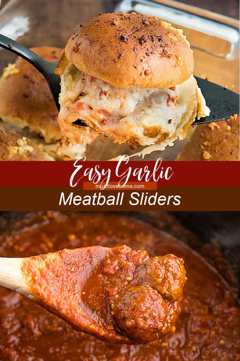 Hot and meaty Easy Garlic Meatball Sliders are oozing with melty cheese and garlic bread flavor. An irresistible game day and party snack! #mustlovehomecooking