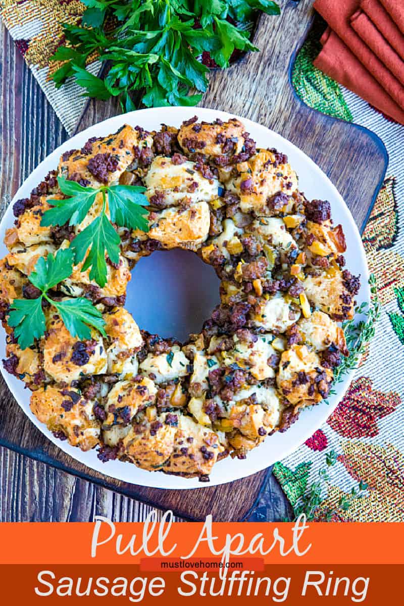 Pull-apart refrigerator biscuits meets sausage stuffing flavors in this irresistible twist from your classic Thanksgiving dish. #mustlovehomecooking