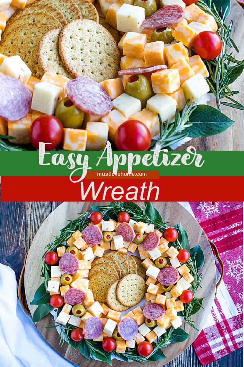 Cubed cheese, Italian sausage, stuffed olives and an abundance of seasonal herbs make this quick and easy show stopping appetizer wreath a favorite for holiday entertaining! #mustlovehomecooking