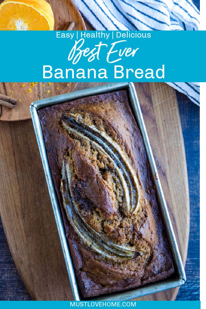 Easy "tried-and-true' homemade Banana Bread recipe that is the best way to use up over-ripe bananas. Made with brown sugar for a moist, dark loaf perfect to go with morning coffee or serve as dessert! #mustlovehomecooking