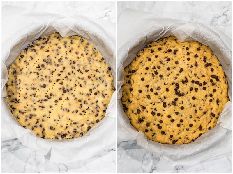Chocolate chip cookie dough spread in round cake pans.