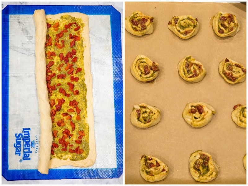 rolling up pesto and red pepper spread crescent dough, then cut into pinwheels