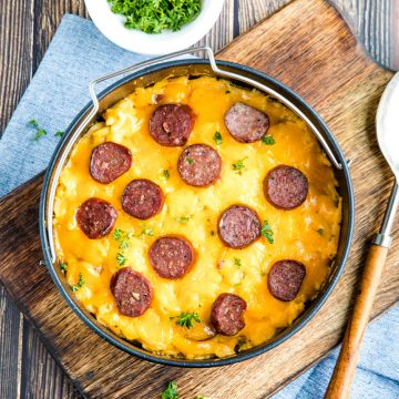 Instant Pot Cheesy Sausage Potatoes is easy to make in the pressure cooker as a delicious main dish for brunch or dinner. #mustlovehomecooking