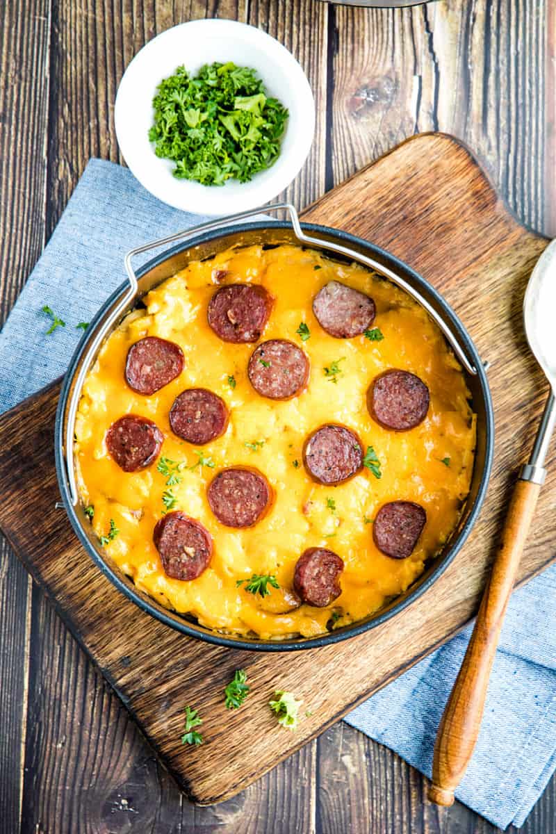 Instant Pot Cheesy Sausage Potatoes is easy to make in the pressure cooker as a delicious main dish for brunch or dinner. #mustlovehomecooking