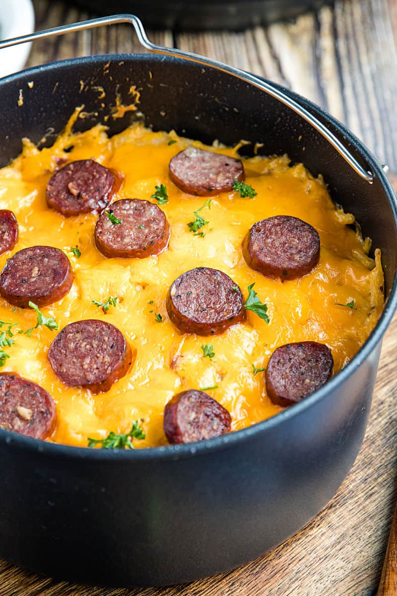 Instant Pot Cheesy Sausage Potatoes is easy to make in the pressure cooker as a delicious main dish for brunch or dinner. #mustlovehomecooking