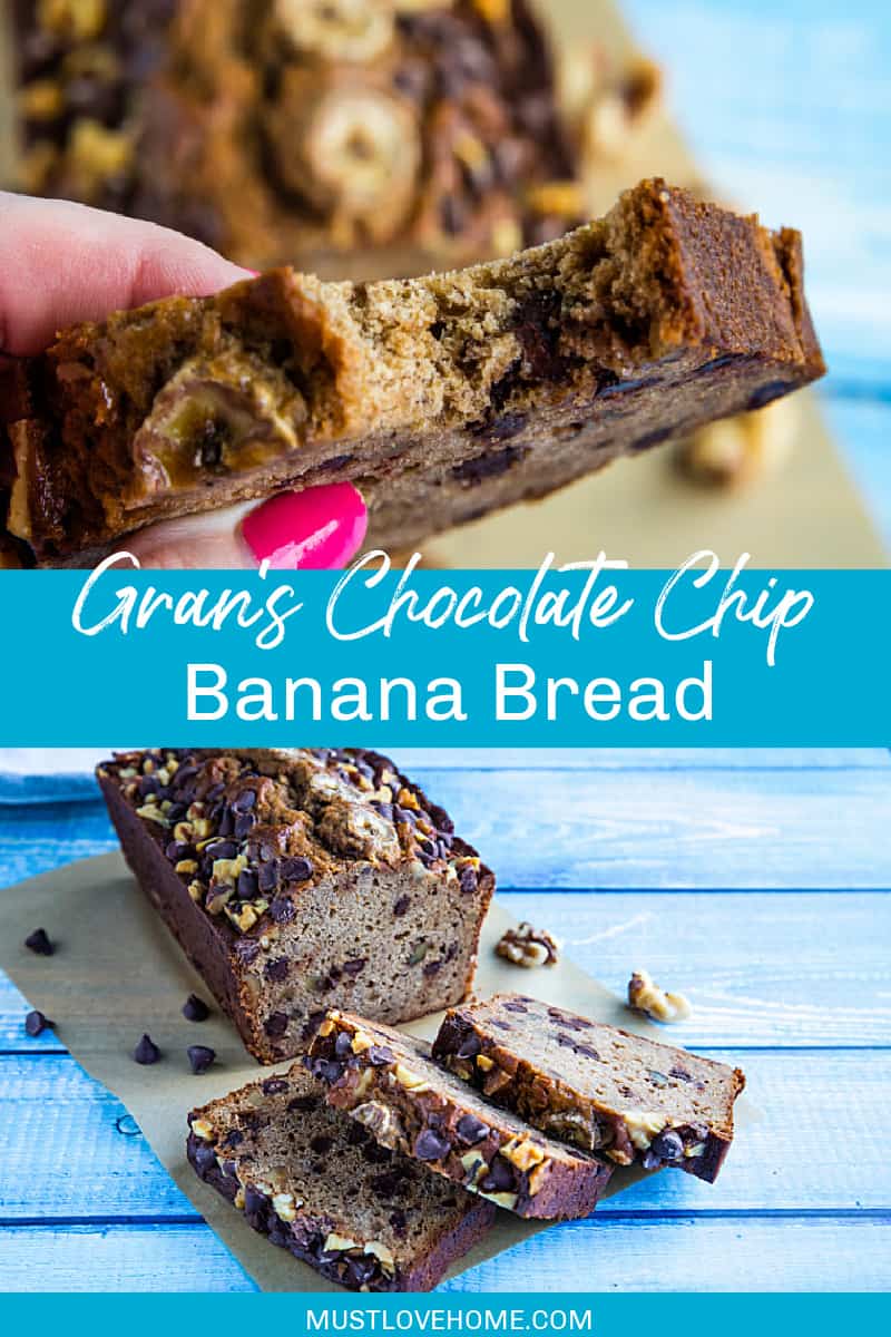 Banana Bread with Chocolate Chips and Walnuts is a super moist and tender quick bread perfect for using up ripe bananas. Great as a snack, dessert or breakfast with your morning coffee! #mustlovehomecooking
