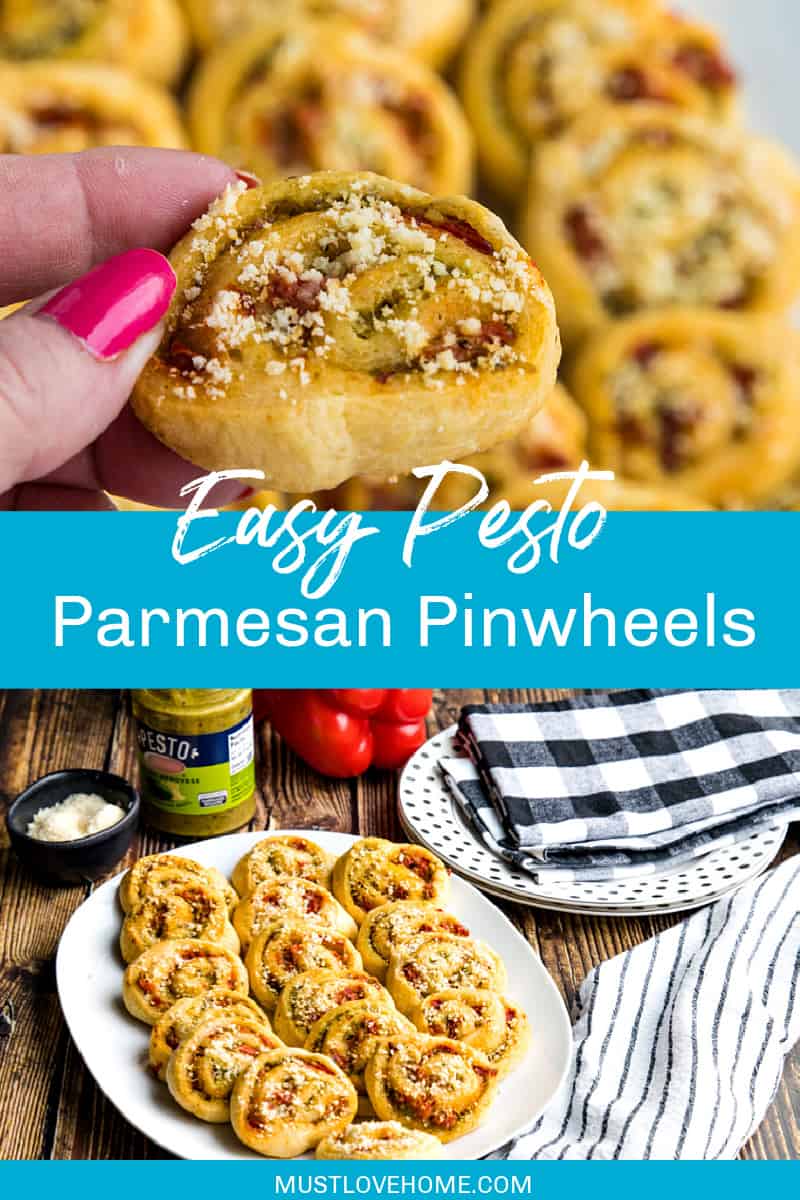 You'll LOVE these super Easy Pesto Crescent Pinwheels made with only 4 simple ingredients! Savory and delicious, this quick appetizer is perfect for any party or family gathering! #mustlovehomecooking