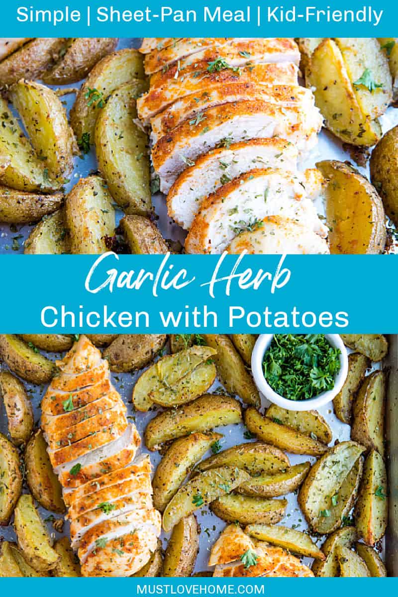 Easy Garlic Herb Chicken with Potatoes is deliciously herb spiced chicken breasts with crispy potato wedges made simple on a single sheet pan. #mustlovehomecooking #sheetpandinner #sheetpanchicken #chickendinner