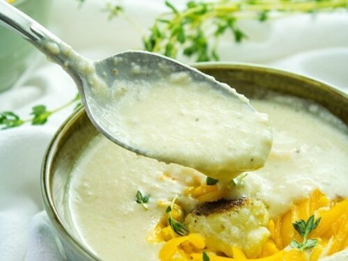 Roasted Cauliflower soup in stoneware bowl
