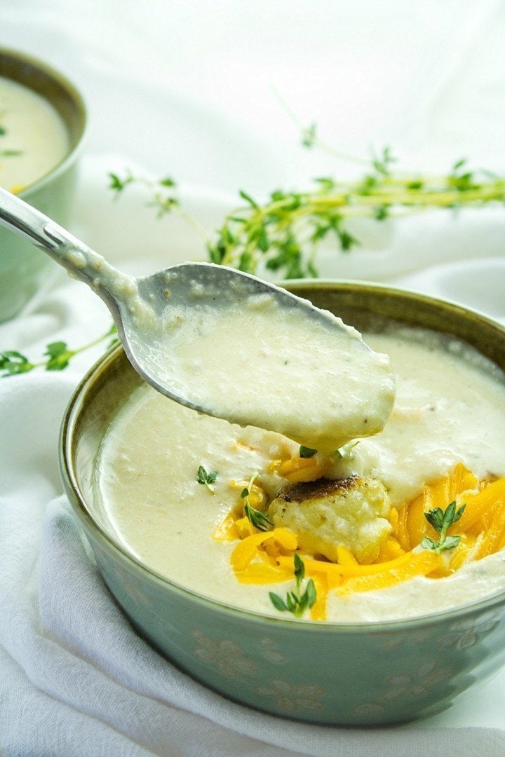 Roasted Cauliflower soup in stoneware bowl