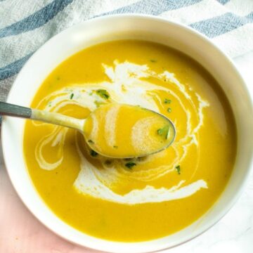 Prepared butternut squash soup in bowl
