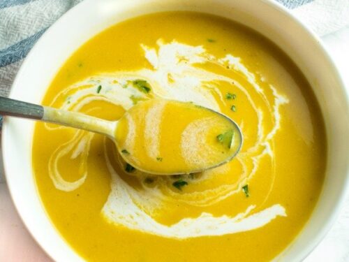 Prepared butternut squash soup in bowl